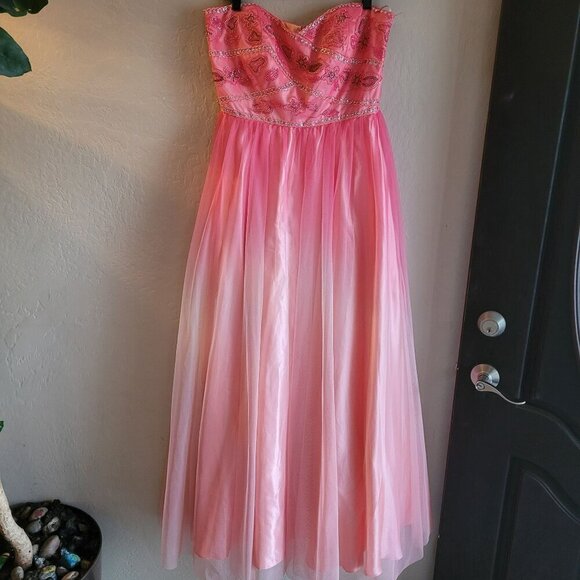 Deb Pink Strapless Beaded Ombre Formal Gown With Tulle Overlay size 14W - Picture 1 of 7